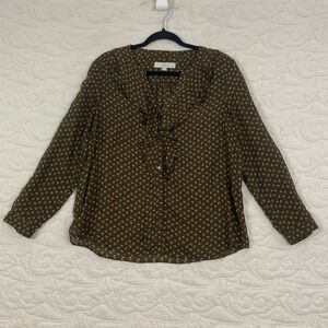 LOFT Petites Top Brown Yellow Print Ruffle V-Neck Button Front Blouse LP